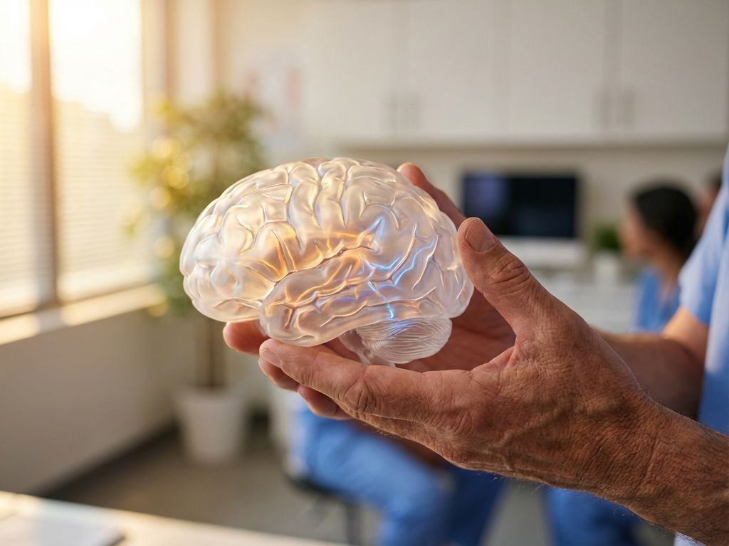 hersengezondheid-genezing-medische-zorg-handen.jpg Handen houden glazen hersenmodel met verlichte neurale paden in medische omgeving met gouden licht