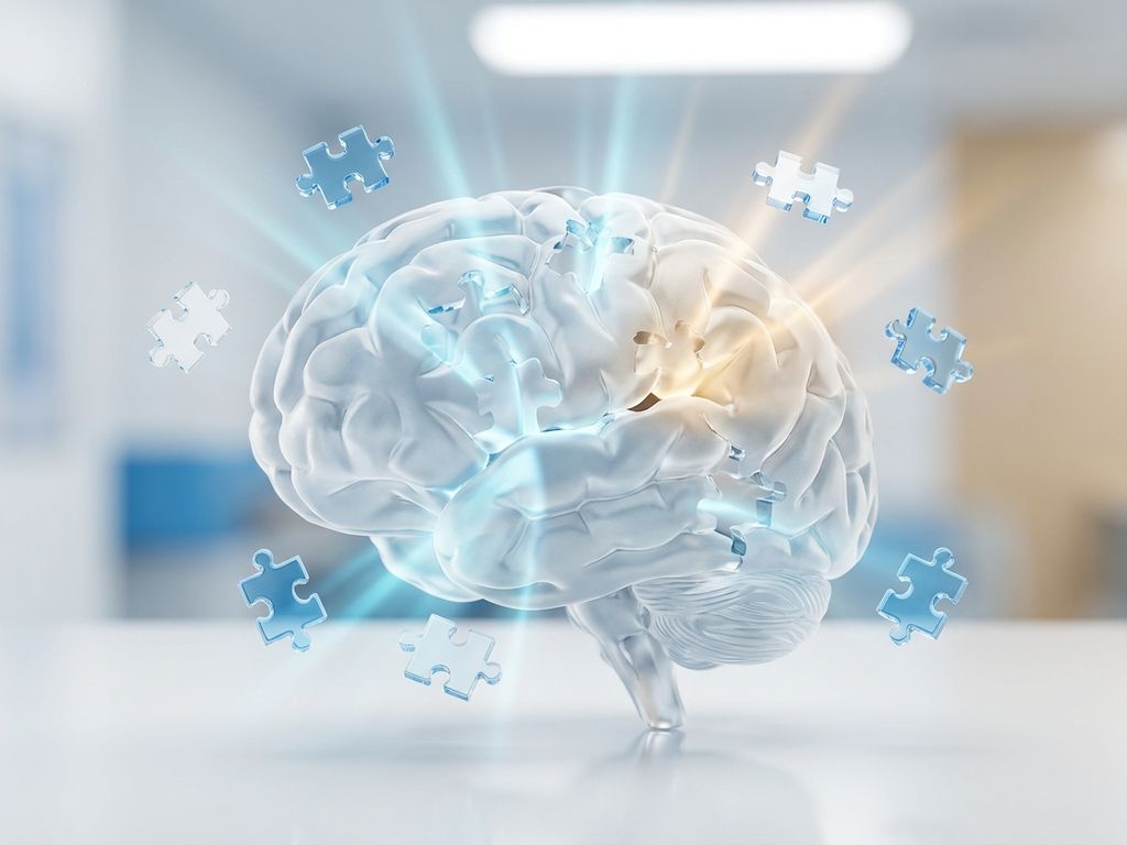 adhd-hersenen-concentratie-puzzel-behandeling.jpg Glazen hersenen met zwevende puzzelstukjes en lichtstralen, medische illustratie van concentratieproblemen