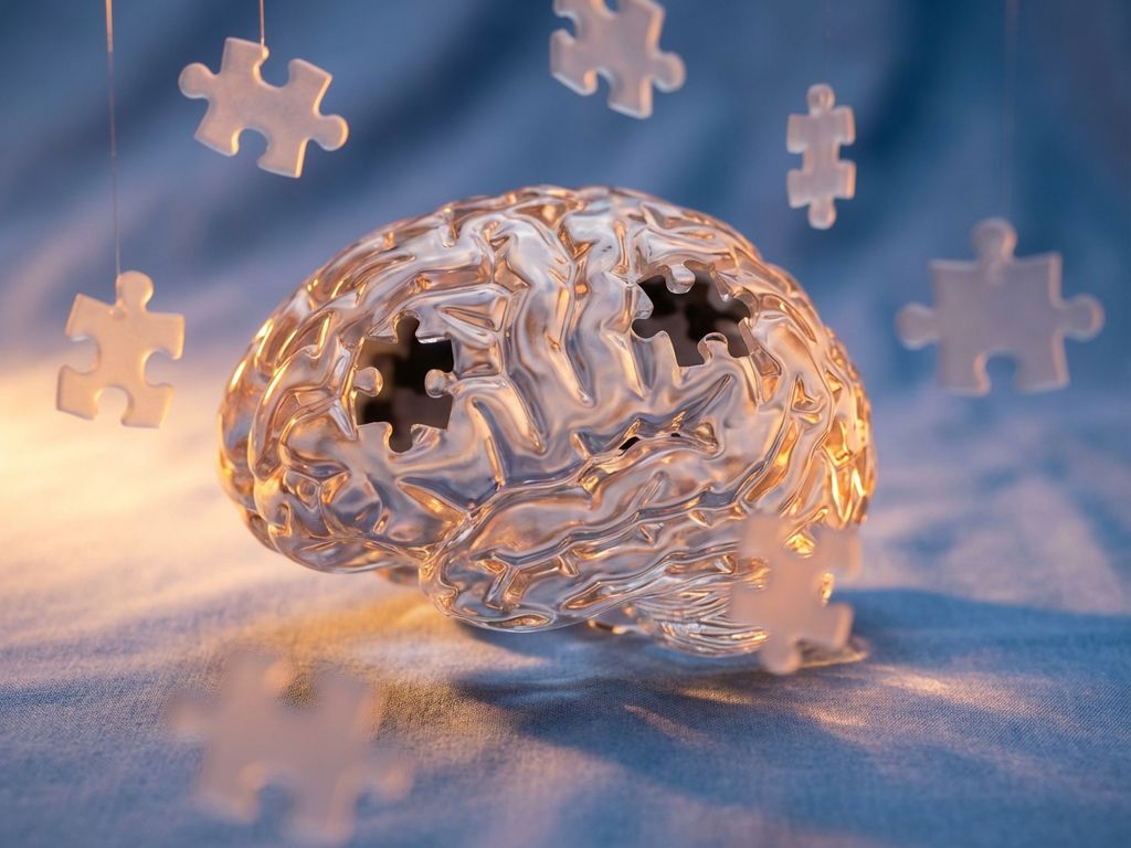 hersenen-concentratie-puzzel-model-medisch.jpg Glazen hersenmodel met zwevende puzzelstukjes op medische blauwe achtergrond, symboliseert concentratieproblemen