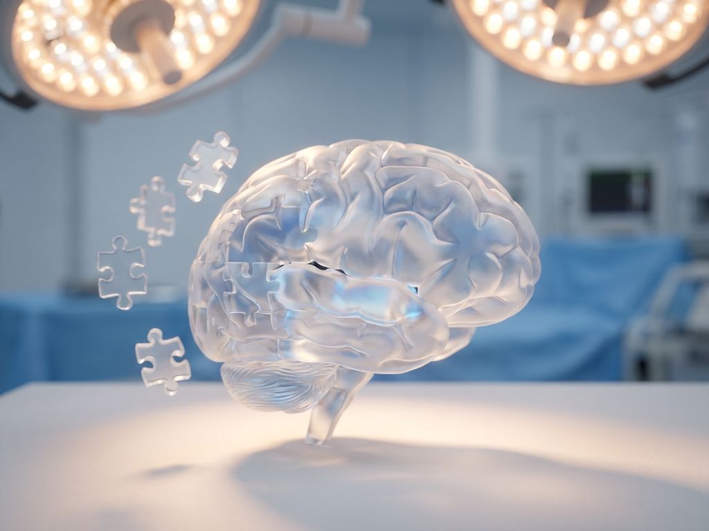 hersenen-concentratie-puzzel-medisch-model.jpg Glazen hersenmodel met zwevende puzzelstukjes, verlicht door warm medisch licht op witte ondergrond