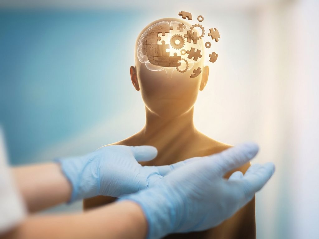 hersenschade-puzzel-herstel-zorg-therapie.jpg Menselijke silhouet met puzzelstukjes in transparante hersenen, ondersteunende handen, medische zorgverlening concept