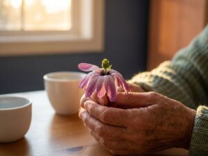 Zachte handen houden delicate bloem vast die opnieuw begint te bloeien, verlicht door warm gouden licht tegen blauwe achtergrond