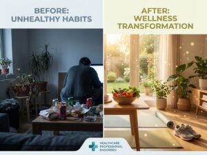 Split-screen vergelijking van ongezonde vs gezonde levensstijl met donkere en heldere, warme kleuren