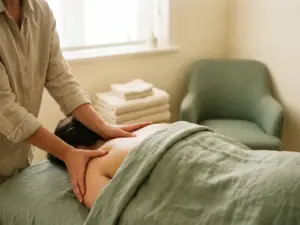 Therapeut masseert voorzichtig de schouder en bovenrug van een patiënt tijdens een professionele manuele therapiesessie.