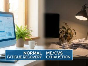 Gesplitst scherm toont contrast tussen normale vermoeidheid (heldere werkruimte) en ME/CVS uitputting (donkere omgeving)