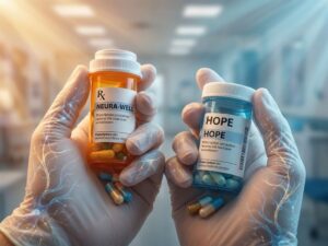 Handen die medicijnflesjes vasthouden met zachte lichtpatronen onder de huid, amber en blauwe medische tinten