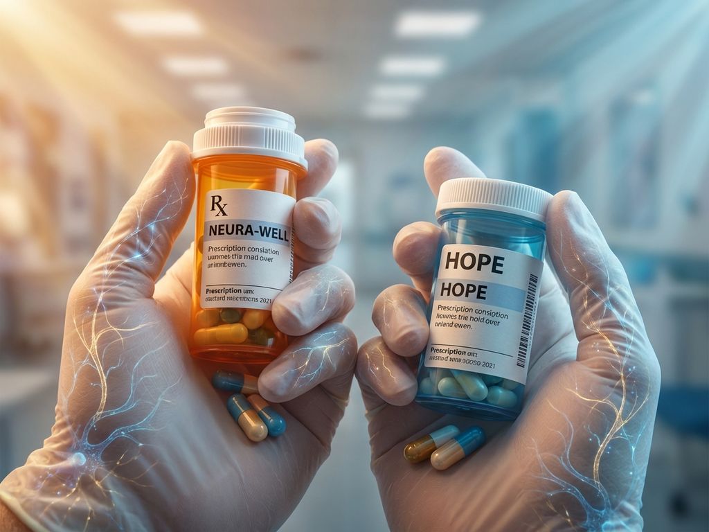 medicatie-behandeling-handen-pillen-therapie.jpg Handen die medicijnflesjes vasthouden met zachte lichtpatronen onder de huid, amber en blauwe medische tinten