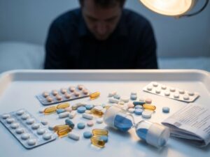 Kleurrijke medicijnpillen en capsules op witte medische ondergrond met onscherpe persoon op achtergrond