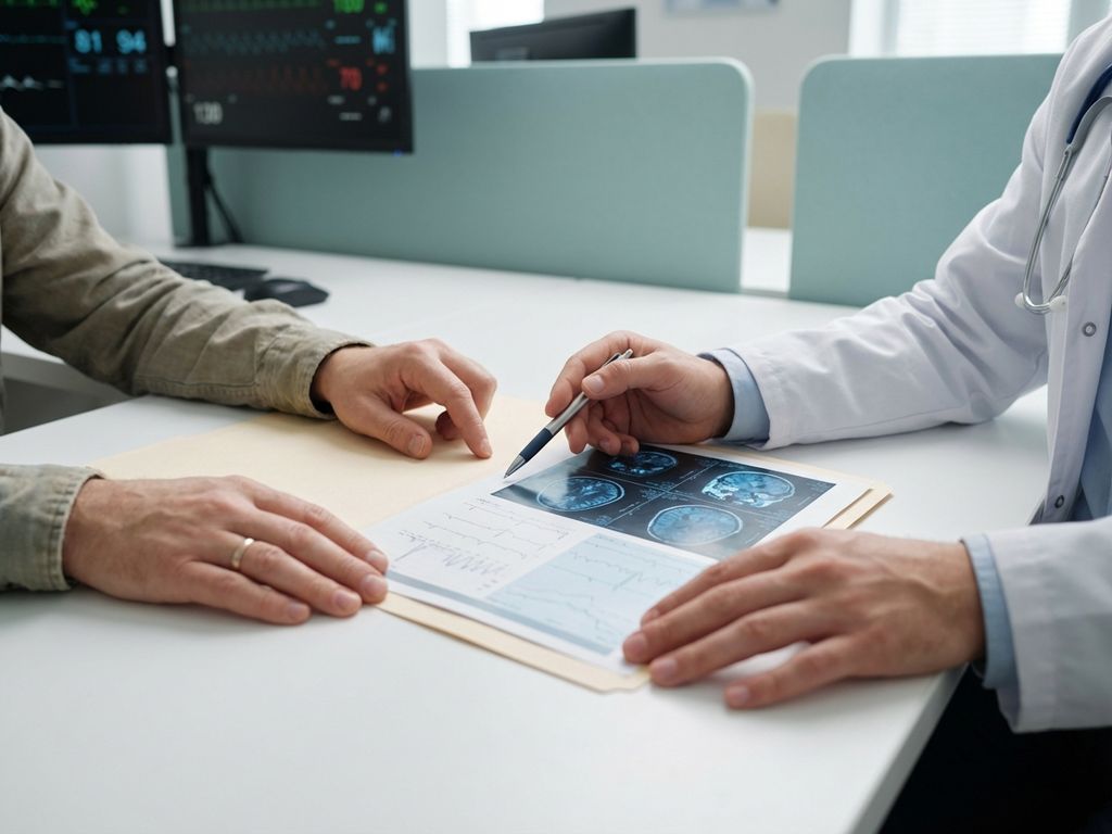 medisch-consult-dokter-patient-zorgverlening.jpg Dokter en patiënt bespreken medische diagnose met hersenscan en grafieken op bureau in moderne kliniek