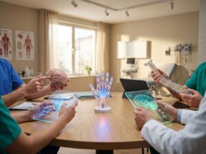 Medische professionals bespreken neurologische behandeling rond anatomische hersenmodellen in moderne consultatieruimte