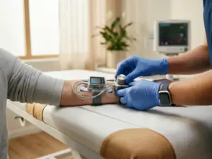 Specialist past geavanceerd medisch apparaat aan op patiëntarm in moderne kliniek met natuurlijk licht