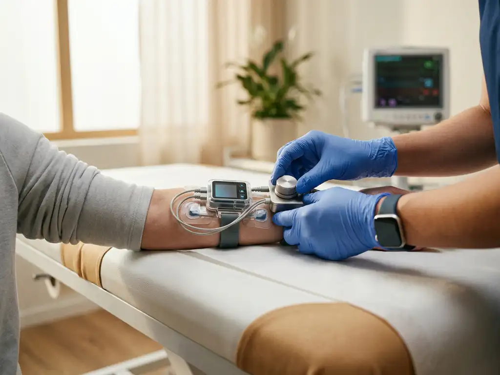 medische-apparatuur-specialist-behandeling-kliniek.jpg Specialist past geavanceerd medisch apparaat aan op patiëntarm in moderne kliniek met natuurlijk licht