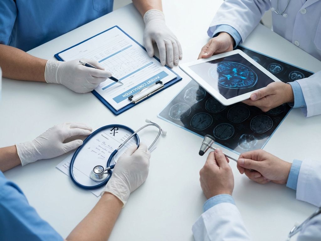 medische-consultatie-zorgverleners-diagnostiek-tools.jpg Zorgverleners handen met stethoscoop, medische dossiers en hersenscan op wit bureau voor concentratieproblemen behandeling