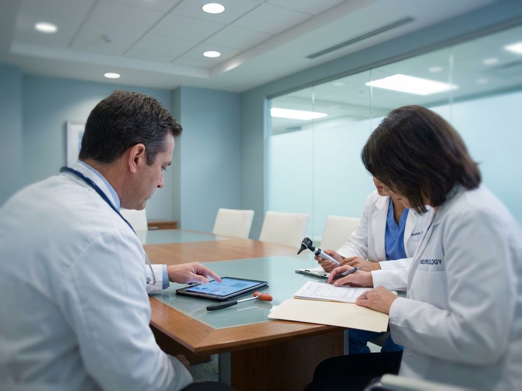 chronische-vermoeidheid-specialisten-medisch-team.jpg Medische specialisten in witte jassen met stethoscoop en diagnostische apparatuur in moderne kliniek voor behandeling