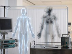 Twee transparante menselijke silhouetten tonen zenuwbanen met blauwe tintelingen en grijze depressie-aura in medische setting