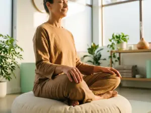 Persoon in meditatiehouding op kussen in serene klinische wellnessruimte met natuurlijk licht en groene planten