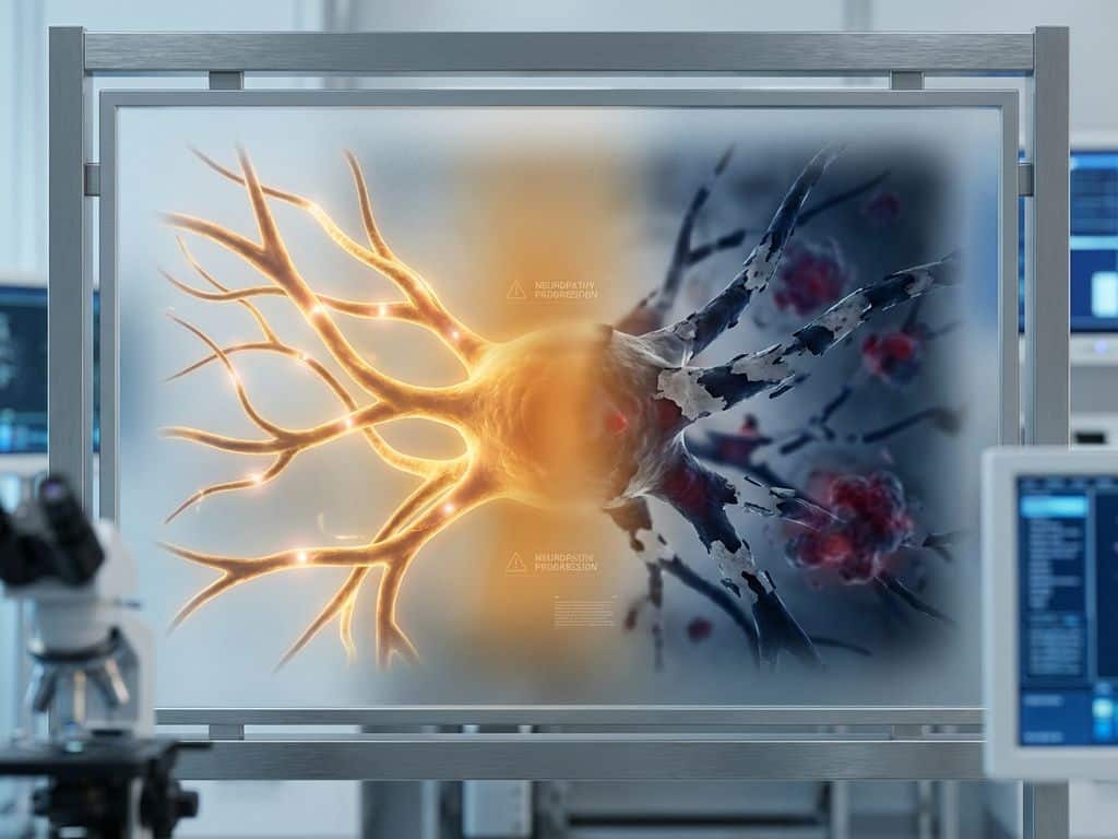 gezonde-zenuwbanen-versus-beschadigde-neurologische-schade.jpg Gezonde en beschadigde zenuwbanen in medische vergelijking, met gouden licht en donkere ontstekingsgebieden