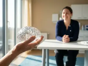 Patiënt houdt glazen hersenmodel vast tijdens medisch consult in moderne spreekkamer met natuurlijk licht