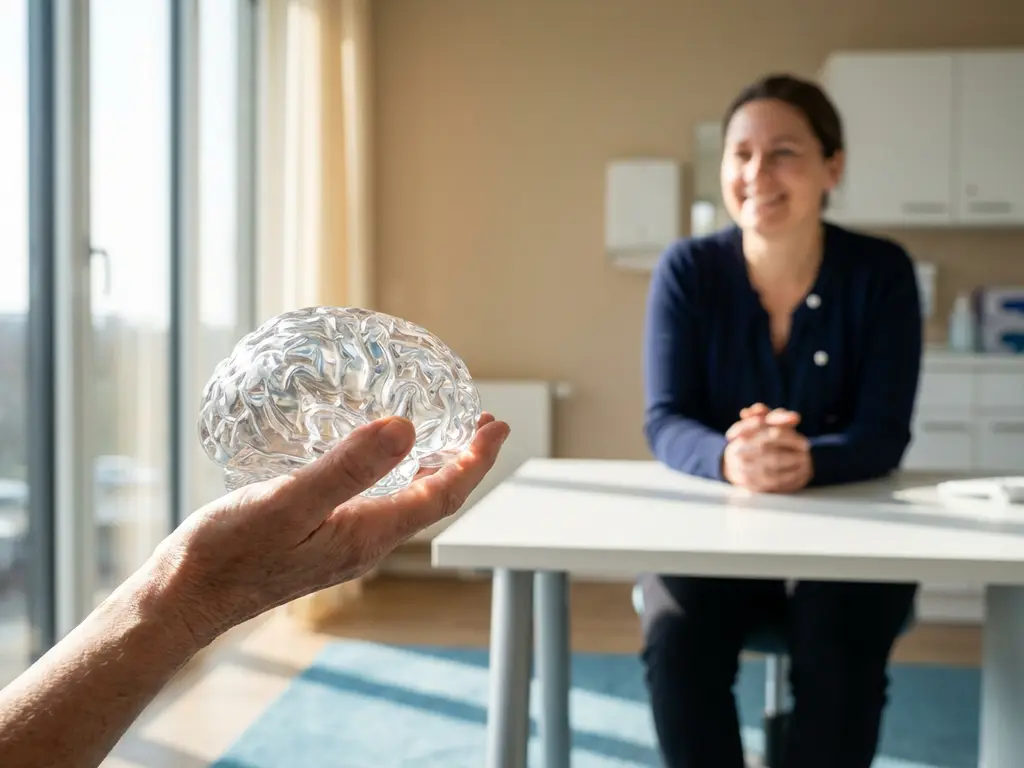 hersenen-model-medische-consultatie-patient.jpg Patiënt houdt glazen hersenmodel vast tijdens medisch consult in moderne spreekkamer met natuurlijk licht
