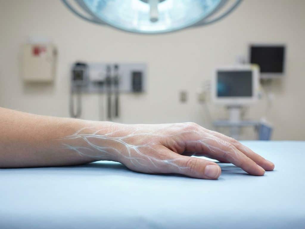 neurologie-zenuwbanen-hand-medisch-fotografie.jpg Hand met zichtbare zenuwbanen die gloeien in blauw licht tegen medische achtergrond, neurologische weergave
