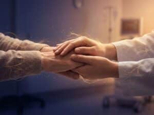 Handen die elkaar voorzichtig vasthouden met lichtdeeltjes aan vingertoppen, gouden neurale draden op blauwe achtergrond