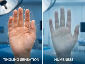 Twee handen die zenuwgevoeligheden tonen: linkerhand met tintelingen, rechterhand gevoelloos in medische setting