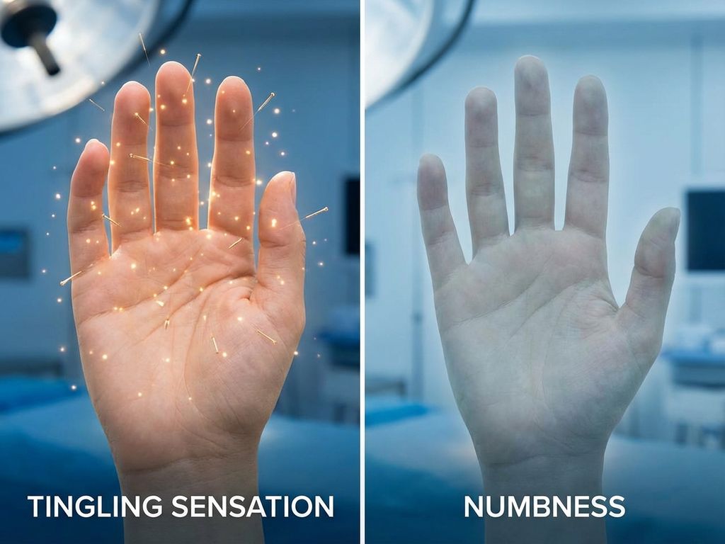 tintelingen-gevoelloosheid-handen-symptomen-medisch.jpg Twee handen die zenuwgevoeligheden tonen: linkerhand met tintelingen, rechterhand gevoelloos in medische setting