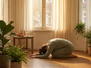 Persoon die ochtendyoga beoefent op houten vloer bij zonnig raam, met water, fruit en kamerplanten op de achtergrond.