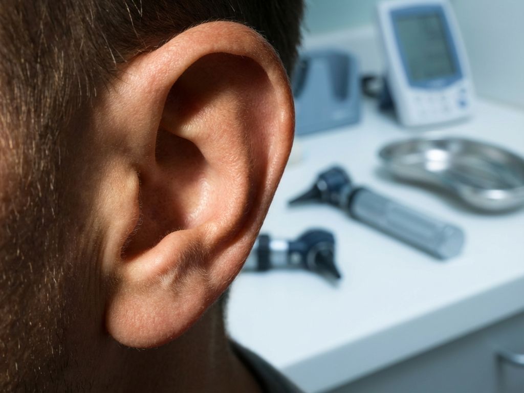 oor-onderzoek-otoscoop-medisch-close-up.jpg Menselijk oor in close-up met medische instrumenten op klinische achtergrond, professionele zorgomgeving