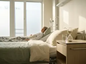Patiënt rustend in moderne herstelkamer met zacht ochtendlicht, zandloper op nachtkastje, salie groene en ivoren tinten.