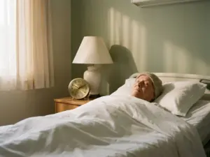 Patiënt rust in een kalme ziekenhuiskamer met salie-groene muren, wit beddengoed en een analoog klokje op het nachtkastje.