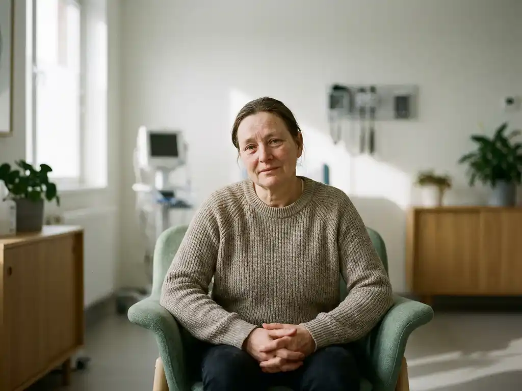 patient-vermoeidheid-kliniek-rust-zorg.jpg Patiënt zit rustig in een zachtgekleurde behandelkamer met salie-groene tinten, handen in schoot, blik vermoeid en ongemakkelijk.