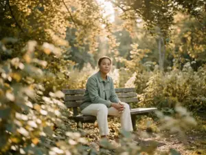 Persoon zit ontspannen op een zonnig parkbankje, omgeven door weelderig groen gebladerte in warm gouden licht.