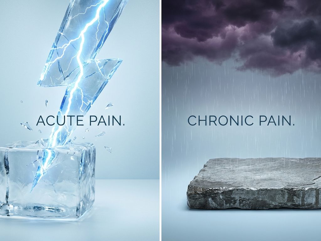 acute-versus-chronische-pijn-vergelijking-medisch.jpg Medische illustratie toont acute pijn als bliksemschicht door ijs versus chronische pijn als donkere wolken boven steen