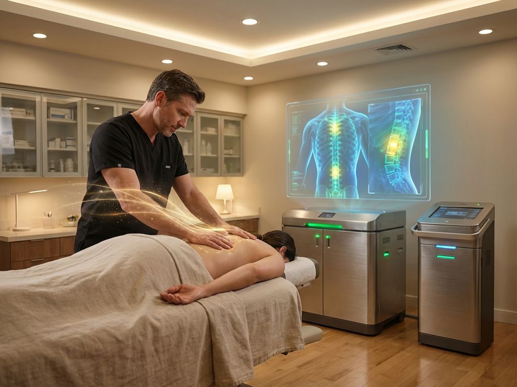 moderne-pijnbehandeling-massage-therapie-medisch.jpg Therapeutische massage in moderne medische behandelkamer met geavanceerde apparatuur en holografische displays