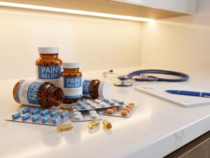 Pijnmedicatie pillen en capsules gerangschikt op witte medische ondergrond met stethoscoop op de achtergrond