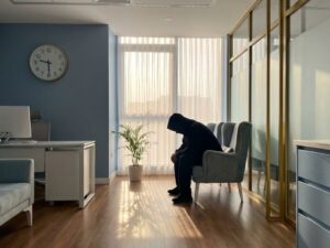 Uitgeputte persoon zit onderuitgezakt in stoel in medische spreekkamer met grote klok aan muur, ochtendlicht door raam