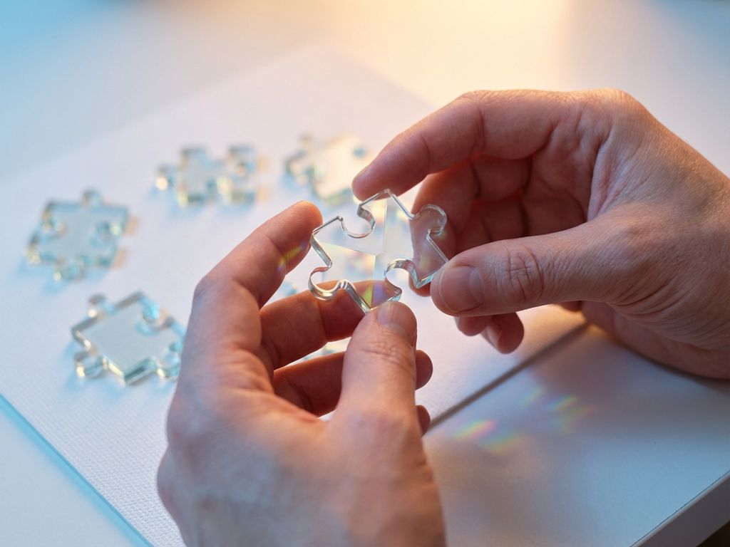 puzzel-oplossen-handen-glas-stuk-focus.jpg Handen houden glazen puzzelstuk vast dat licht breekt, met andere puzzelstukken op witte achtergrond