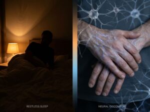 Persoon woelt in bed naast handen met tintelende sensaties en blauwe elektrische patronen op medische achtergrond