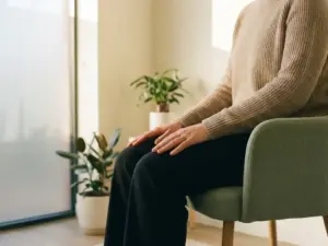 Persoon zit rustig met handen op dijen in moderne spreekkamer, zacht middaglicht door matglas, uitdrukking van stille vermoeidheid.