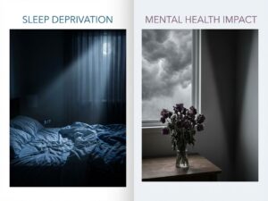 Gesplitst beeld toont onopgemaakt bed met verfrommelde lakens links, donkere depressiesymbolen rechts in blauw-grijze tinten