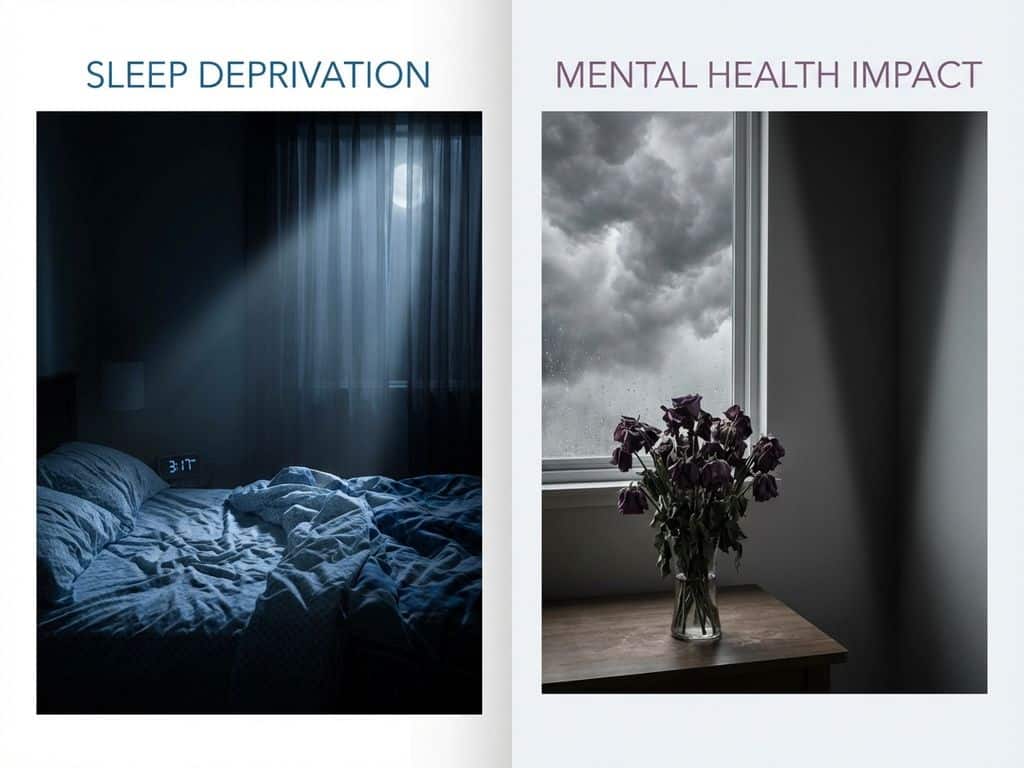 slaapgebrek-depressie-mentale-gezondheid-slaapkamer.jpg Gesplitst beeld toont onopgemaakt bed met verfrommelde lakens links, donkere depressiesymbolen rechts in blauw-grijze tinten