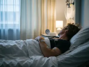 Rustloze persoon in klinische slaapkamer met elektrode-sensoren op de huid, zenuwstimulatietherapie, zacht maanlicht door gordijnen.