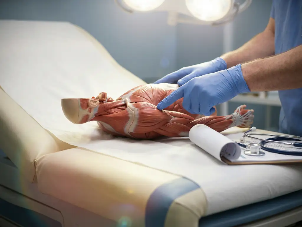 spierweefsel-anatomie-medisch-onderzoek-model.jpg Anatomisch spierweefselmodel op medische onderzoekstafel met stethoscoop en zorgverlener die spiergroepen aanwijst