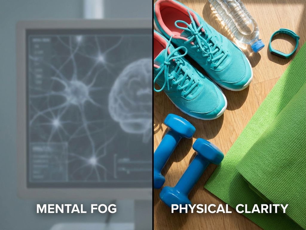 sport-concentratie-hersenen-training-focus.jpg Gesplitst beeld: wazige hersenscan links in grijs versus scherpe sportuitrusting rechts in blauw en groen