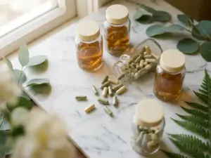 Glazen supplementflesjes en uitgestrooide capsules op wit marmer, omringd door groene botanische bladeren in zacht natuurlijk licht.