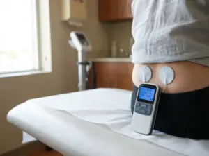 TENS-therapieapparaat met elektroden op onderrug van patiënt, digitaal display toont actieve behandelingsinstellingen in moderne klinische ruimte