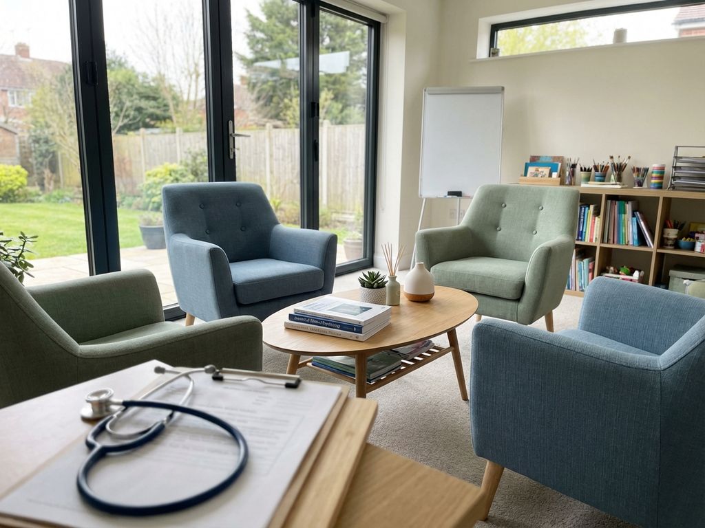 therapie-kamer-multidisciplinaire-geestelijke-gezondheid.jpg Moderne therapieruimte met cirkel van stoelen, natuurlijk licht en medische apparatuur voor geestelijke gezondheidszorg