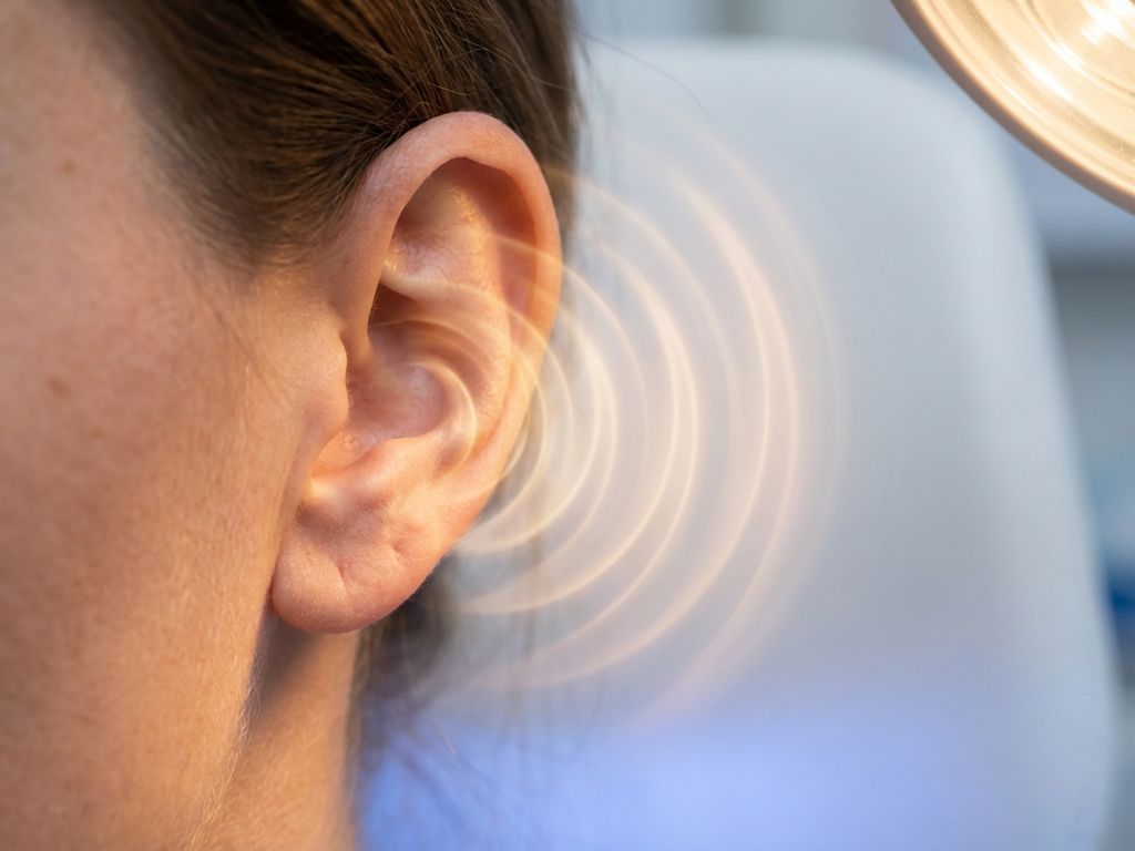 tinnitus-oor-geluidsgolven-behandeling-symptomen.jpg Menselijk oor in profiel met gouden geluidsgolven die tinnitus of oorsuizen weergeven tegen witte achtergrond