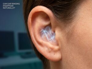 Menselijk oor in profiel met blauwe geluidsgolven in gehoorgang die tinnitus symboliseren op medische achtergrond